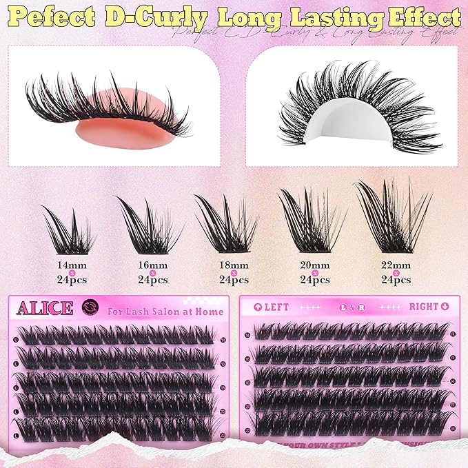ALICE Lash Clusters Cat Eye Eyelash Clusters Cluster Eyelash Extensions Wispy Volume Lash Extensions Left & Right Thin Band 14-22mm Individual Lashes DIY at Home