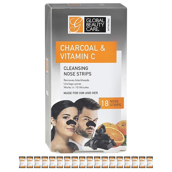 Global Beauty Care Premium 18 Nose Cleansing Strips of Activated Charcoal & Vitamin C Nose Strips For Blackheads Removal Charcoal Blackhead Remover Strips - 18 Ct