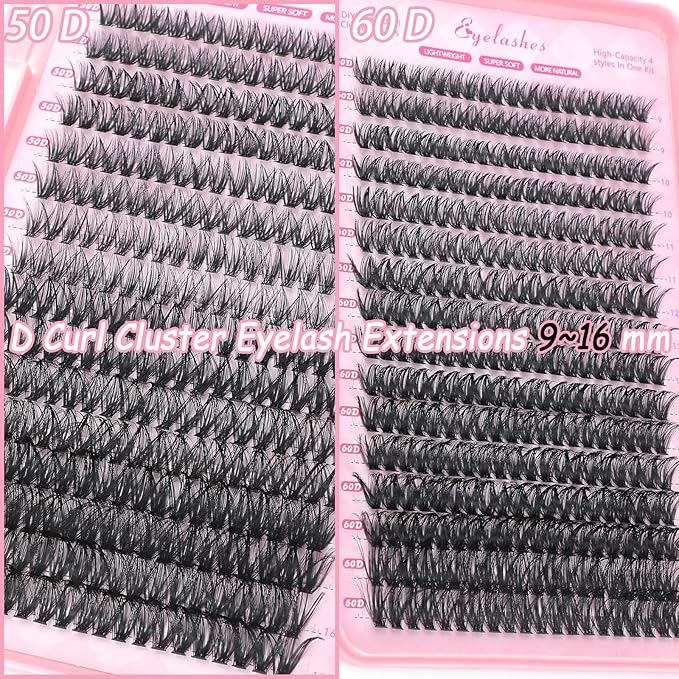 Lash Clusters Kit, 640 Pcs Eyelashes Clusters Extensions Kit 9-16mm Individual Lashes D Curl Fluffy Wispy False Eyelashes Thin Band(50D&60D)