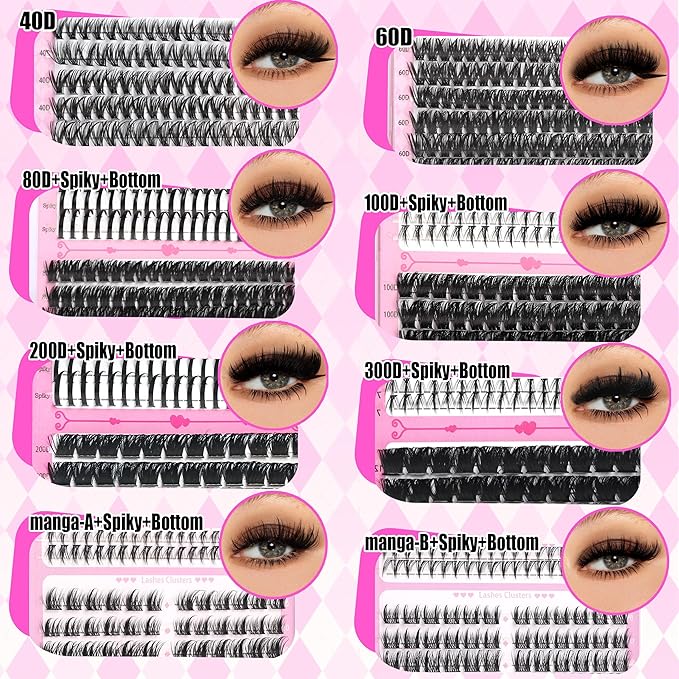 8 Styles Mix Lashes Clusters Kit 4 Box Cluster Lash Book Kit with Bond&Seal 1888Pcs 100D/200D/300D Volume Manga Eyelash Extension Gift Packs for Beginners Bulk Pack DIY at Home Easily