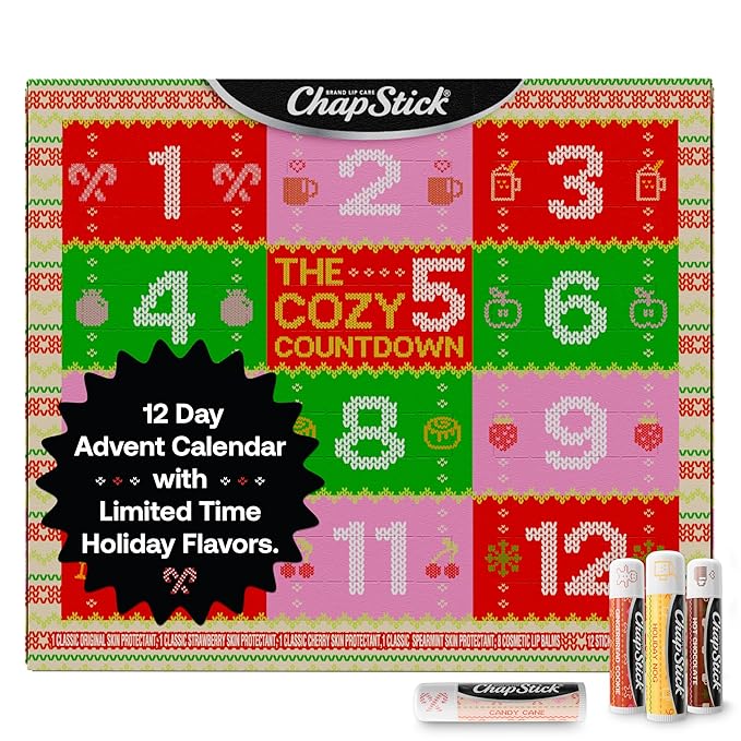 ChapStick 12 Days Advent Calendar Lip Balm Holiday Gift Set, Moisturizing Daily Lip Care For Dry, Chapped Lips, Soothing Hydration, Limited Edition Cozy Flavors, 12 Pack Variety, 0.15 OZ EA