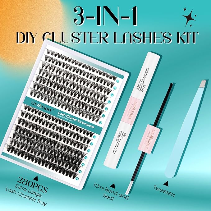 GEMERRY DIY Lash Extension Kit for Beginners 280 PCS Individual Lash Cluster Kit 0.07D 10-18 MIX Eyelash Extension Kit Lash Glue for Eyelash Extensions(100D-0.07D,10-18MIX-KIT)