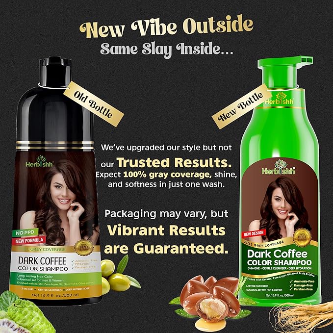 Herbishh Dark Coffee Hair Color Shampoo - 3-In-1 Magic Dye for Gray Hair 500 Ml + Essential Flower Hair Oil - Organic Formula for Dry, Damaged Hair 60 ML