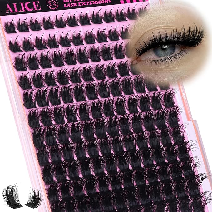 ALICE Lash Clusters Wispy Volume Eyelash Clusters with 2 Spikes Thick Fluffier Cluster Eyelash Extensions Individual LashesThin Band Lash Extensions DIY at Home (144pcs/12-22mm/CC- Curly)