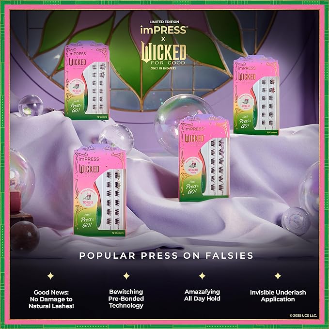 imPRESS X WICKED: FOR GOOD Press On Self Adhesive Eyelashes, ‘Tap to Bubble’, 8mm-10mm Natural Volume Press On Lashes, Multicolored Glitter, 12 Lash Clusters & Non-Stick Mini Applicator