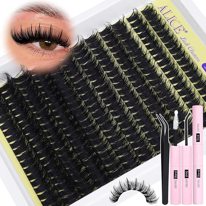 ALICE Thick Lash Clusters Kit - Wispy Volume Eyelash Clusters Kit 228pcs 80D Spiky Russian D-Curly Anime Eyelash Extension Kit - Individual Lashes Kit with Lash Glue for DIY at Home