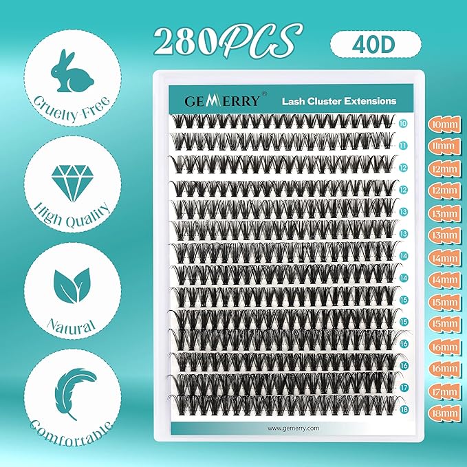 GEMERRY Lash Clusters 280pcs 40D DIY Eyelash Extension D Curl Individual Lash Cluster Natural Eyelash Extension Mixed Tray Reusable Handmade Home Application (40D-0.07D-10-18MIX)
