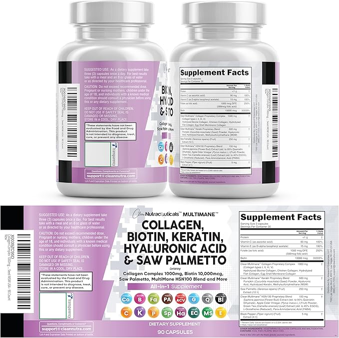 Clean Nutraceuticals Collagen Pills 1000mg Biotin 10000mcg Keratin Saw Palmetto Hyaluronic Acid - Hair Skin & Nails Vitamins & DHT Blocker (90 Count (Pack of 2))