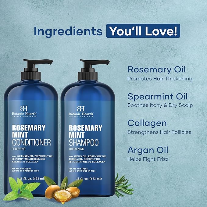 Botanic Hearth Rosemary Mint Shampoo and Conditioner Set, Thickening Formula, Promotes Hair Growth and Scalp Health Sulfate Free & Paraben Free, for Men & Women | 16 fl oz each