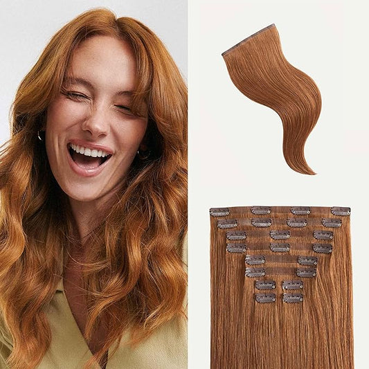 Luxy 100% Remy Human Hair - Seamless Clip-In Hair Extensions - Multi-Dimensional Color for Natural Blending, Adds Volume & Length 240 grams 24" Natural Red Seamless