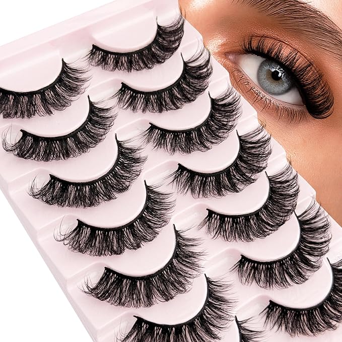 Short Lashes Natural Look D Curl 8-14mm Mink Eyelashes Fluffy that Look Like Extensions Strip False Volume Lash Pack Full 7 Pair Wispy Cat Eye Mega Double Stacked Thick Eyelash Small Fake Lashes