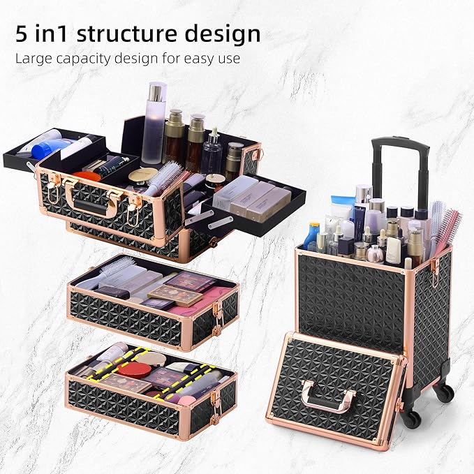 Rolling Makeup Case, Makeup Train Case with Lid, 5 in 1 Cosmetology Case on Wheels, Christmas Gift, Large Makeup Organizers, Profesional Cosmetic Case for Salon Barber, Black gold