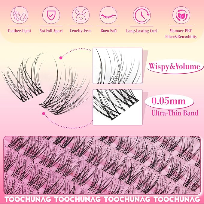 TOOCHUNAG Natural Lash Clusters Kit Wispy Lash Extensions Kit Venus 8-14mm Cluster Eyelash Extensions Invisible Band Lashes Clusters 120PCS C-Curly Eyelash Extensions Kit with Bond,Seal and Tweezers