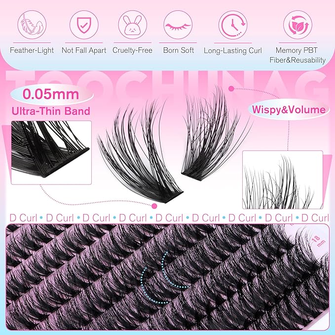 TOOCHUNAG Lash Extension Kit Spiky Fluff Lash Clusters 10-18mm DIY Cluster Eyelash Extensions Kit 200pcs Wispy Soft Individual Lashes Clusters,Lash Bond and Seal &Tweezers