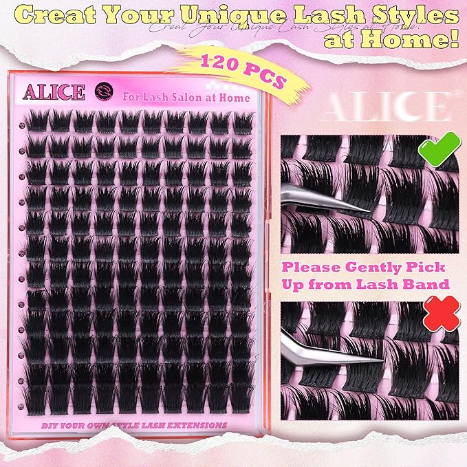 ALICE Lash Clusters Thick Volume Eyelash Clusters with Spikes Wispy Cluster Eyelash Extensions 12-20mm Fluffier Dramatic Individual Lashes Thin Band Lash Extensions Salon DIY at Home