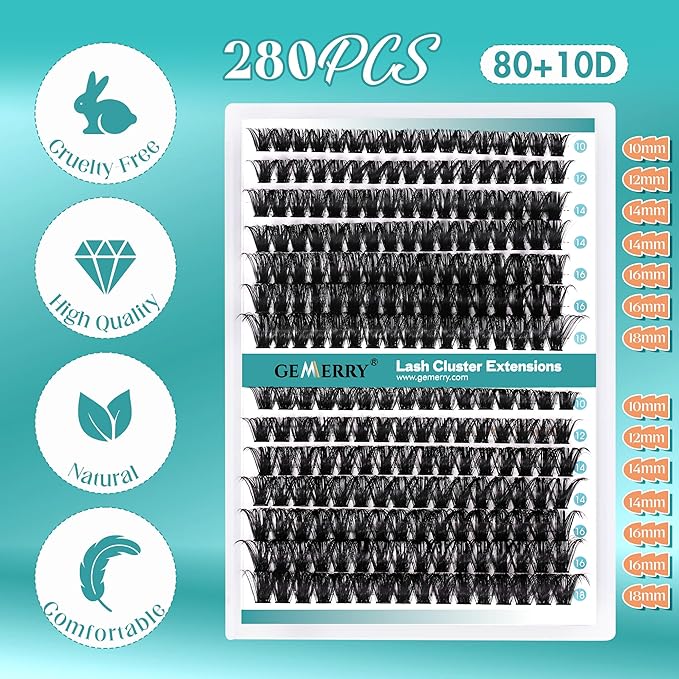 GEMERRY Lash Clusters 280pcs 80D+100D DIY Eyelash Extension D Curl Individual Lash Cluster Natural Eyelash Extension Mixed Tray Reusable Handmade Home Application (80D+100D-0.07D-10-18MIX)