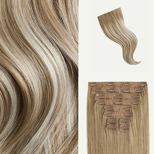Luxy 100% Remy Human Hair, Classic 160g Clip-In Hair Extensions - 10 Wefts Multi-Dimensional Color for Natural Blending, Adds Volume & Length, Easy Apply & Remove 16" Natural Blonde Balayage