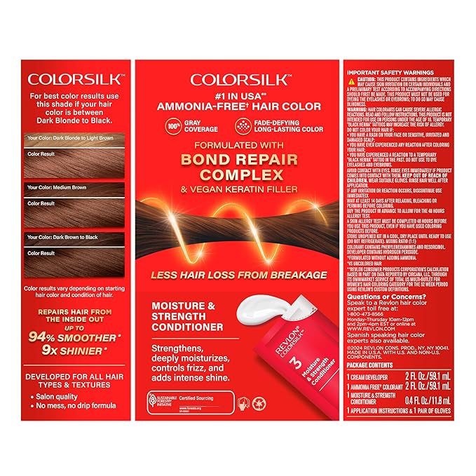 Revlon ColorSilk with Bond Repair Complex, Brown Permanent Hair Color, 100% Gray Coverage, Ammonia Free Hair Dye, Vegan Keratin, 37 Dark Golden Brown (Pack of 3)
