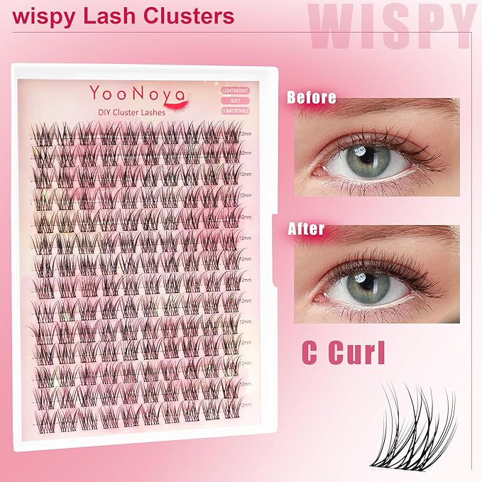 Wispy Lash Clusters 140 Pcs 12mm Mix Eyelash Clusters C Curl Cluster Eyelash Extensions Natural Wispy Cluster Lashes Reusable Individual Invisible Band Lash clusters (QX-12mm)