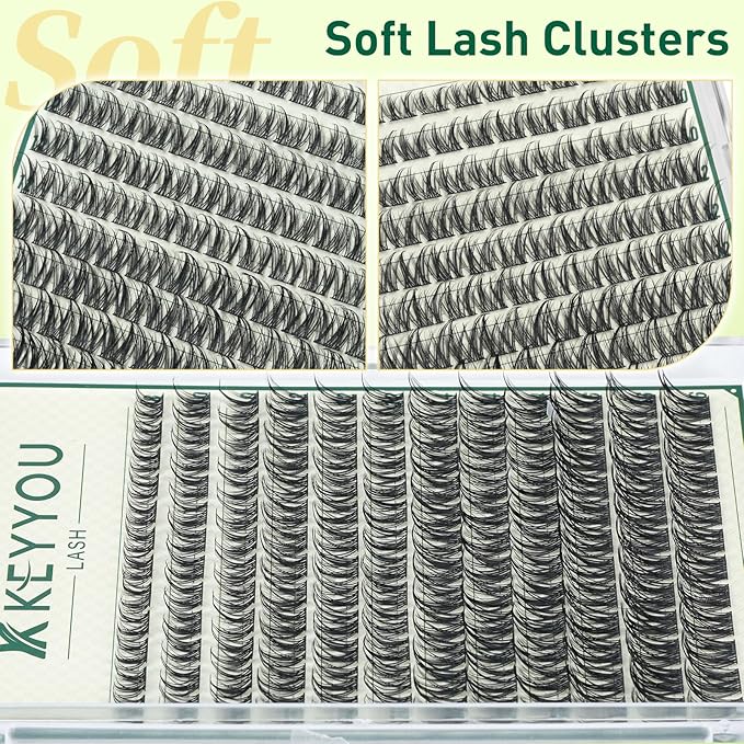 KEYYOULASH Lash Clusters Natural&Wispy Eyelash Clusters D Curl 144pcs Fluffy Eyelash Clusters Thin Band Lashes Clusters for Beginner DIY Cluster Eyelash Extensions at Home(KY03-8-18MIX)