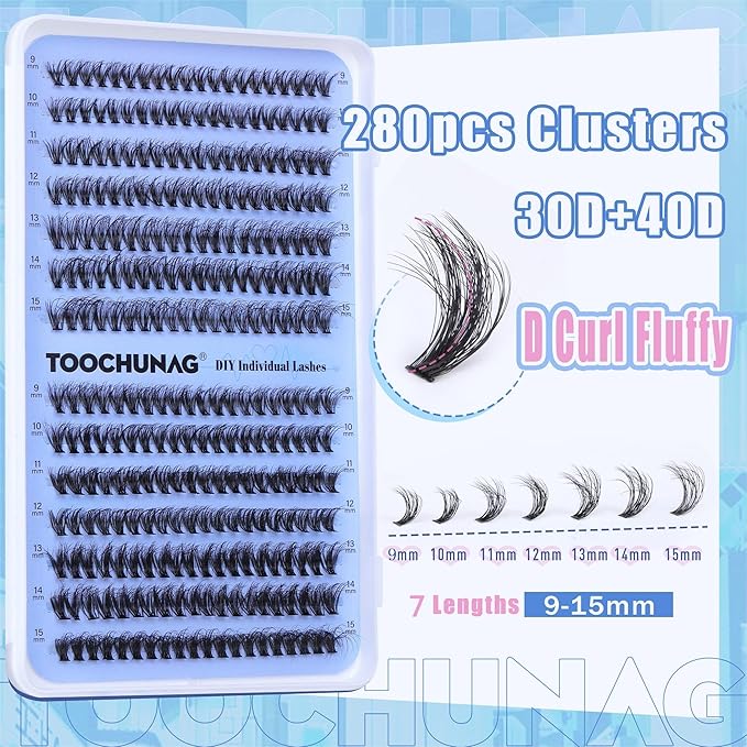 Lash Clusters 30D+40D Wispy Eyelash Clusters D Curl Individual Lashes 9-15mm Cluster Eyelash?Extensions 280pcs False Mink Eyelashes DIY Flat Lash Extension by TOOCHUNAG