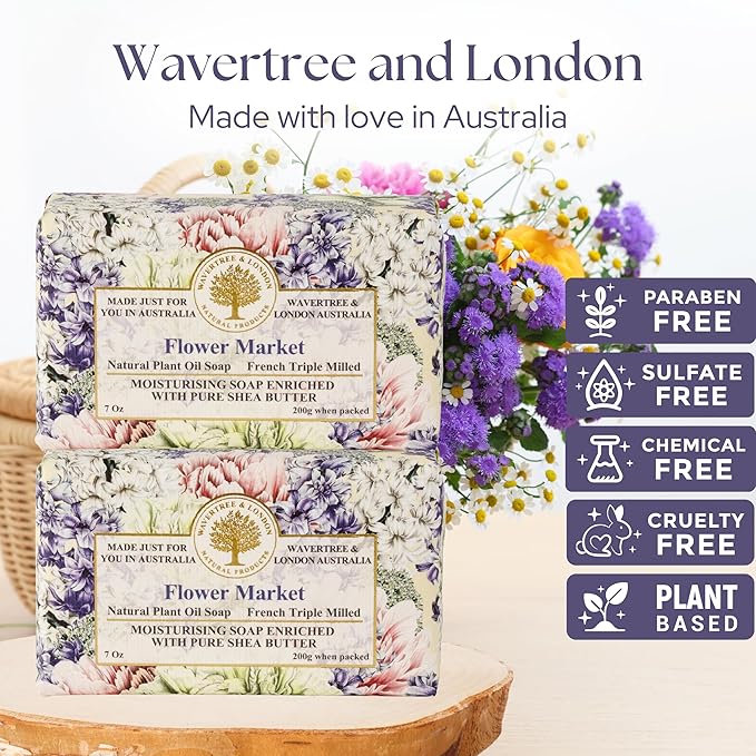 Wavertree & London Flower Market Scented Natural Soap (2 Bars), 7oz Moisturizing French Triple Milled Soap Bars enriched with shea butter - Pure Plant Based Bath & Body Bars for All Skin Types