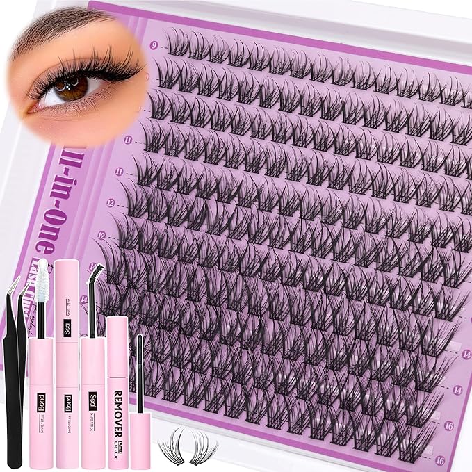 ALICE Natural Lash Clusters Kit Wispy Lash Extension Kit Cluster Eyelash Extension Kit C Curl 9-16mm Individual Lashes with Lash Glue Bond and Seal Lash Remover and Tweezers