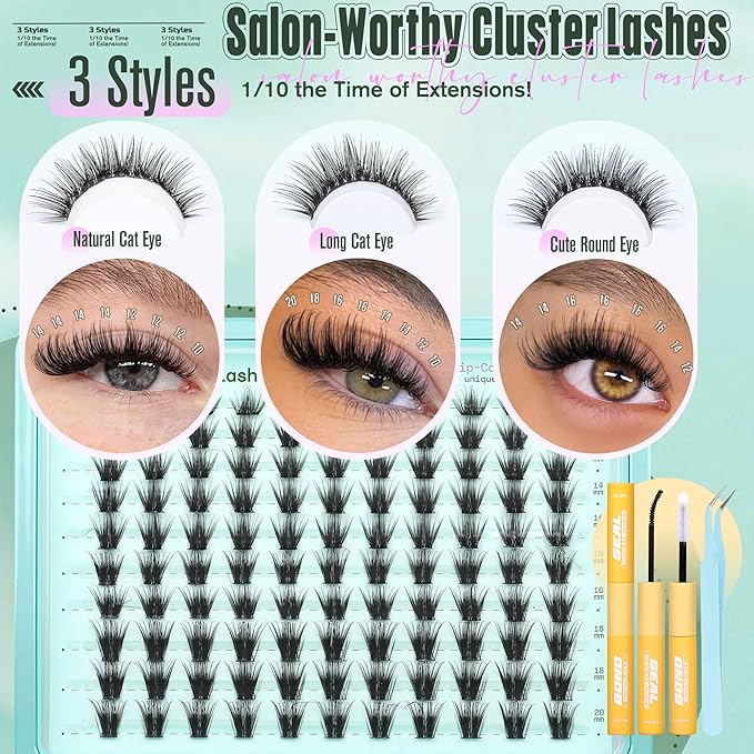 Wispy Lash Clusters Kit Natural Eyelash Clusters 10-20mm Long Lash Extension Kit D Curly Volume Lashes Individual with Lash Bond and Seal, DIY Waterproof Cluster Eyelash Extensions by TOOCHUNAG