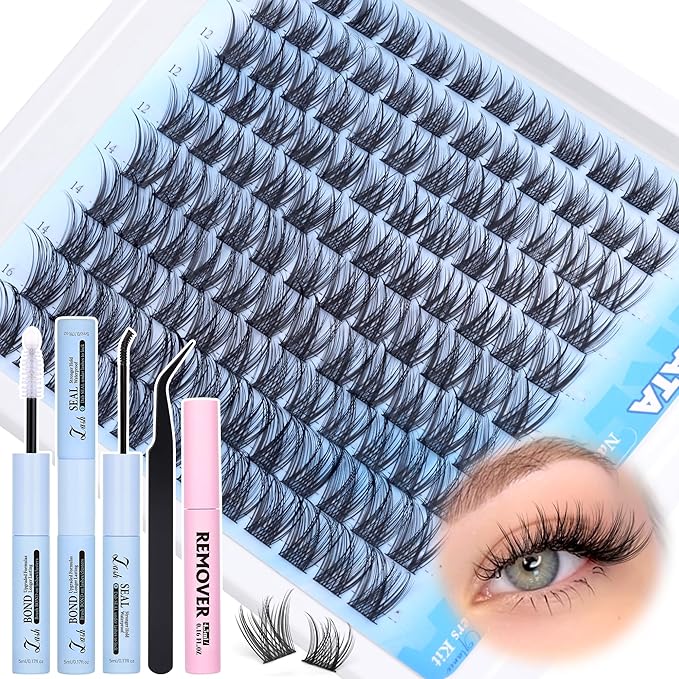 Natural Lash Extension Kit Wispy Lash Clusters Kit Lashes Clusters C Curvature Cluster Eyelash Extension DIY Cluster Lashes with Lash Bond Seal Lash Glue Remover Tweezers Individual Lashes