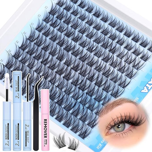 Natural Lash Extension Kit Wispy Lash Clusters Kit Lashes Clusters C Curvature Cluster Eyelash Extension DIY Cluster Lashes with Lash Bond Seal Lash Glue Remover Tweezers Individual Lashes