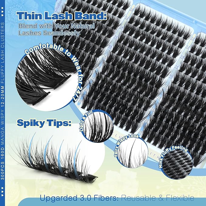 JIMIRE Manga Fairy Lash Clusters Volume Eyelash Clusters with Lash Spikes 300Pcs Wispy Cluster Eyelash Extensions 12-20MM Fluffy Individual Lashes Clusters Easy to Apply DIY Lash Extension at Home