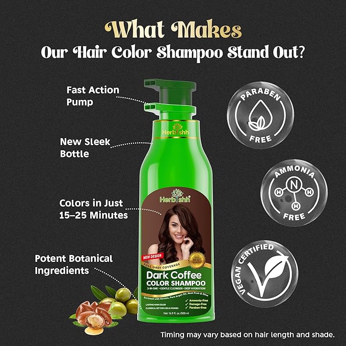 Herbishh Dark Coffee Hair Color Shampoo - 3-In-1 Magic Dye for Gray Hair 500 Ml + Essential Flower Hair Oil - Organic Formula for Dry, Damaged Hair 60 ML
