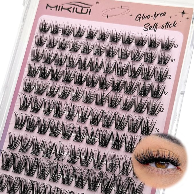 MIKIWI Self Adhesive Eyelashes, 10-16mm Pre Glued Eyelashes Clusters No Glue Natural Lash Clusters DIY Self Adhesive Lash Clusters