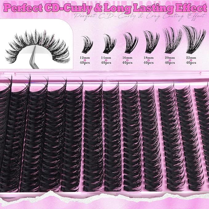 ALICE Lash Clusters with Spikes Thick Volume Cluster Eyelash Extensions Fluffier Eyelash Clusters Wispy Individual LashesThin Band Lash Extensions DIY at Home (240pcs/12-22mm/CC- Curly/100D)