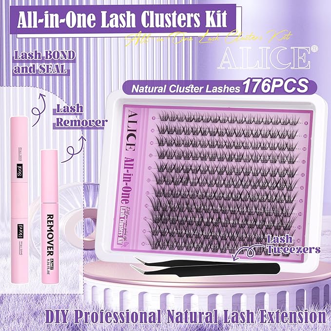 ALICE Natural Lash Clusters Kit Wispy Lash Extension Kit Cluster Eyelash Extension Kit C Curl 9-16mm Individual Lashes with Lash Glue Bond and Seal Lash Remover and Tweezers