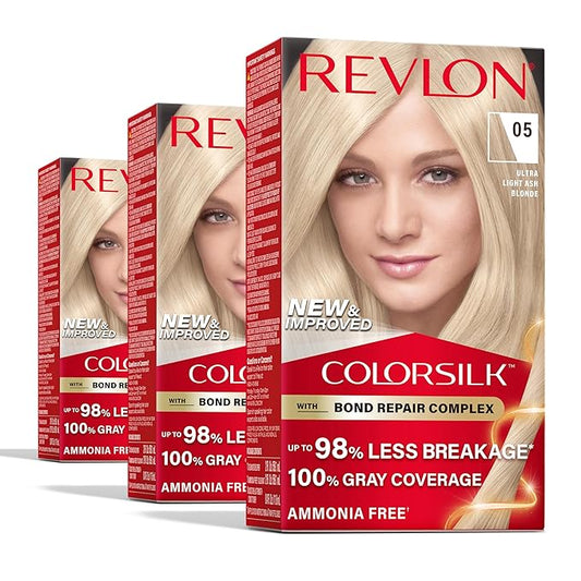 Revlon ColorSilk with Bond Repair Complex, Blonde Permanent Hair Color, 100% Gray Coverage, Ammonia Free Hair Dye, Vegan Keratin, 05 Ultra Light Ash Blonde (Pack of 3)