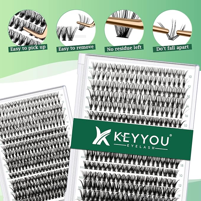 Lash Clusters 300pcs Individual Lashes 30D+40D+50D 0.07C Curl 10-18MIX DIY Eyelash Extension KEYYOU Large Tray Volume Soft&Natural Eyelash Clusters(30D+40D+50D-0.07C,10-18MIX）