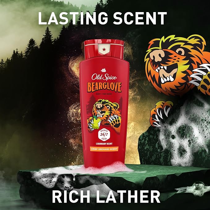 Old Spice Cleansing Body Wash for Men, 3X Defense, 24/7 Shower Fresh with Lasting Scent, 2-in-1 Body & Face Wash, Bearglove with Crisp Orchard Scent, 24 oz (Pack of 4)