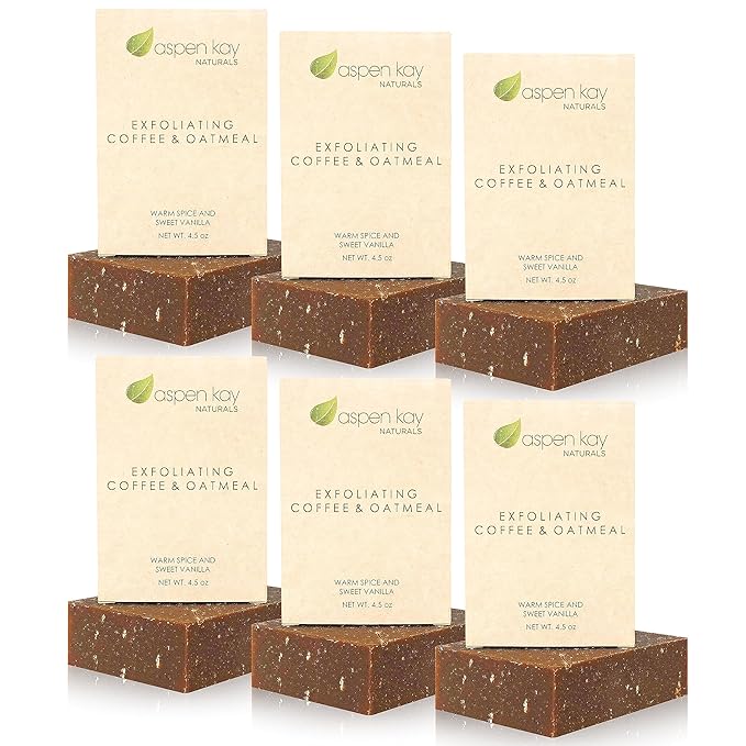 Aspen Kay Naturals Coffee & Oatmeal Exfoliating Soap, Natural and Organic Coffee Scrub. With Organic Shea Butter & Pure Essential Oils. A Wonderful Oatmeal Soap, For Men & Women. (6 pack)