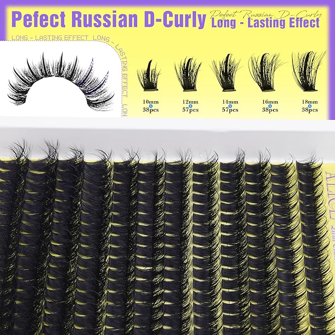 ALICE Wispy Lash Clusters Kit 100D Thick Volume Eyelash Clusters Kit Manga Eyelash Extension Kit Russian D-Curly Individual Lashes Kit with Lash Glue, 228pcs Spiky Lash Extensions, Tweezers