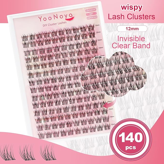 Wispy Lash Clusters 140 Pcs 12mm Mix Eyelash Clusters C Curl Cluster Eyelash Extensions Natural Wispy Cluster Lashes Reusable Individual Invisible Band Lash clusters (QX-12mm)