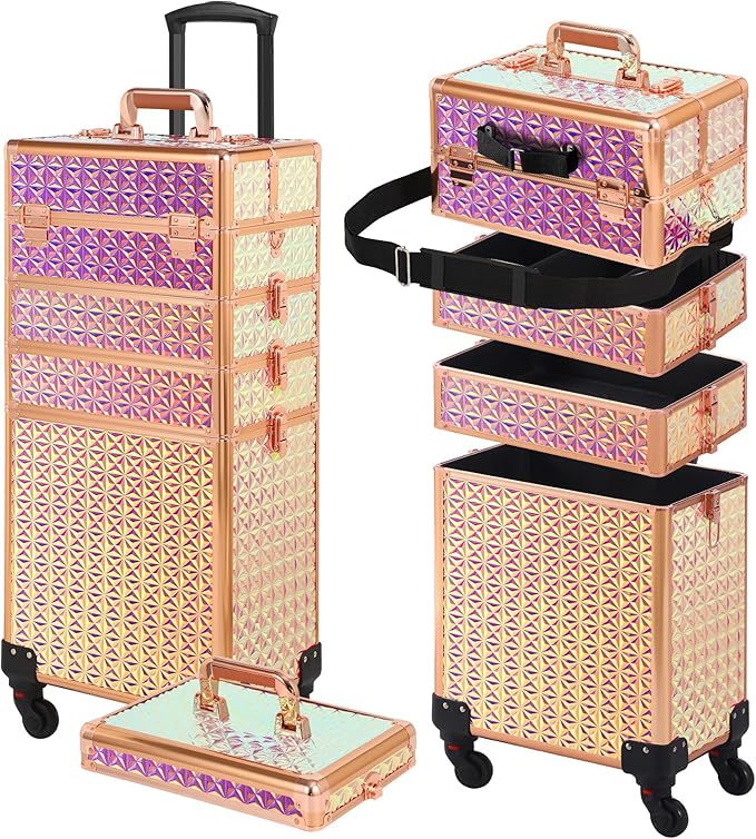 Rolling Makeup Case, Makeup Train Case with Lid, 5 in 1 Cosmetology Case on Wheels, Christmas Gift, Large Makeup Organizers, Profesional Cosmetic Case for Salon Barber, Bright Pink