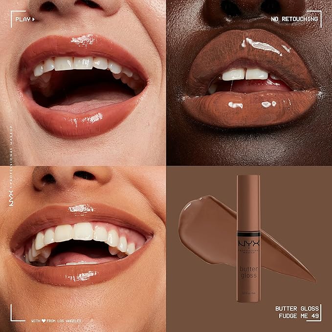 NYX PROFESSIONAL MAKEUP Butter Gloss Brown Sugar, Non-Sticky Lip Gloss - Fudge Me (Warm Brown) (Pack of 2)
