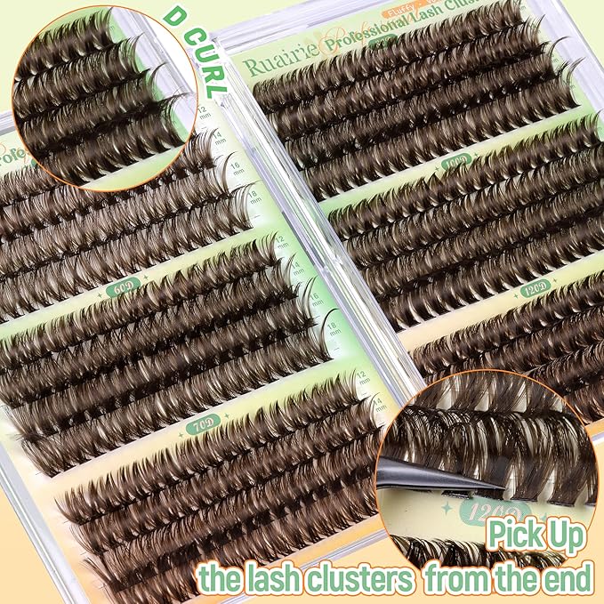 Ruairie Brown Lash Clusters Eyelash Extensions 464pcs Fluffy Volume Brown Eyelash Clusters 50D-120D D Curl Individual Lashes 12-18MM Thick Cluster Lashes Extension