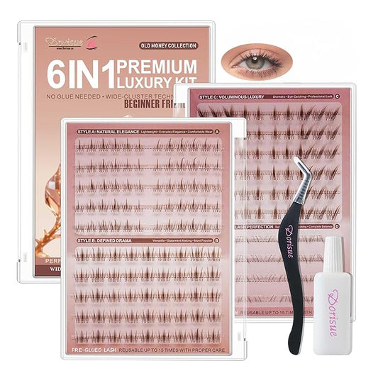 Brown Lash Clusters Pre Glued 197PCS Light Hair Individual Eyelashes No Glue Needed 3 Upper Style +1 Lower Styles Natural False Lashes Kit Tweezers