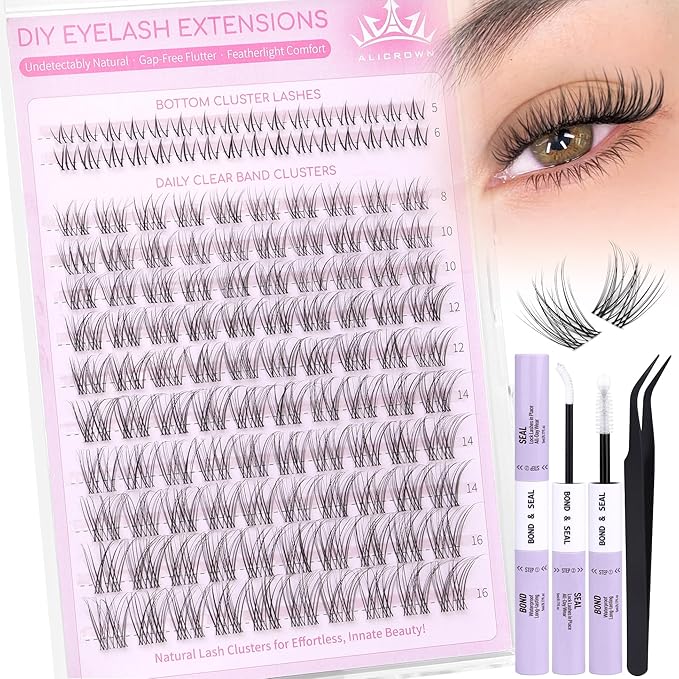 Natural Lash Clusters Kit Wispy Eyelash Clusters Kit with Bottom Eyelashes C Curly Lash Extension Kit with Invisible Band DIY Individual Lashes Kit with Lash Bond and Seal 132Pcs