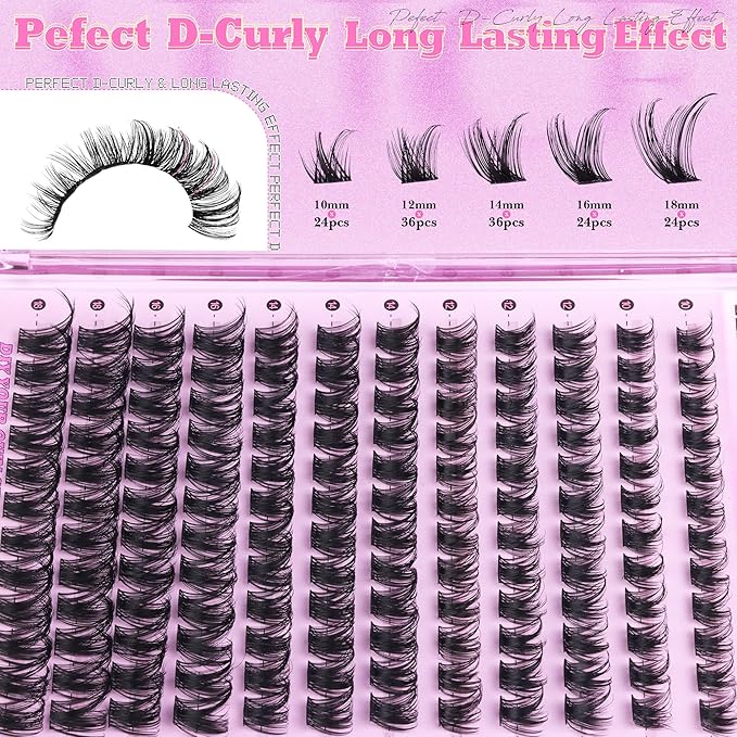 ALICE Lash Clusters Eyelash Clusters Wispy Cluster Eyelash Extensions Russian Volume Individual Lashes Natural Thin Band Lash Extensions DIY at Home (144pcs/10-18mm/D- Curly)