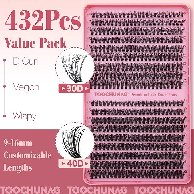 TOOCHUNAG Lash Clusters Kit 432pcs Eyelash Extension Kit 30D+40D DIY Lash Extension Kit 9-16mm D Curly Wispy Individual Cluster Lashes Kit with Lash Bond and Seal, Tweezers for DIY at Home