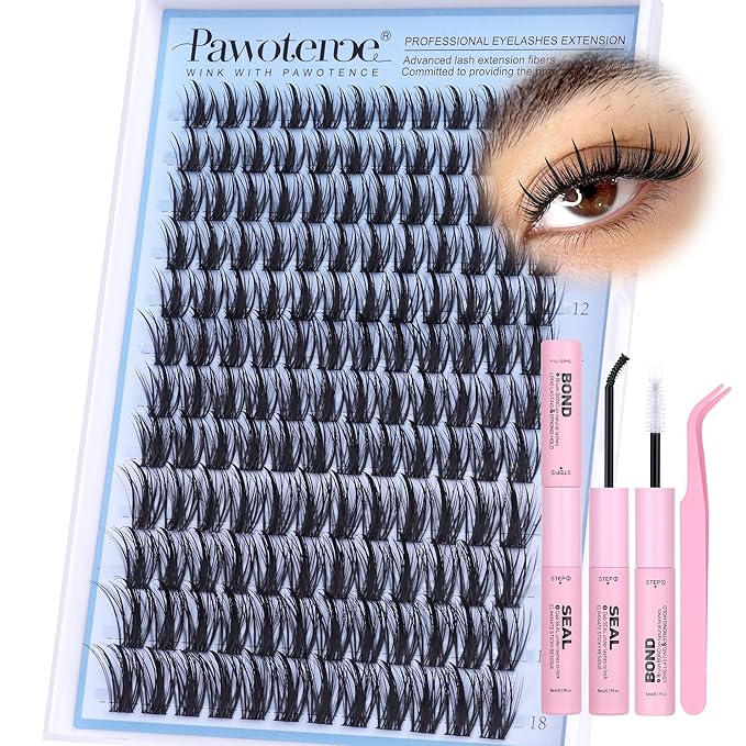 Pawotence Fairy Lash Clusters Kit Eyelash Clusters 10-18mm Wispy Lashes Clusters Eyelash Extension Kit 144pcs Natural Individual Lashes with Lash Bond and Seal, Tweezers, DIY Lash Extension Kit