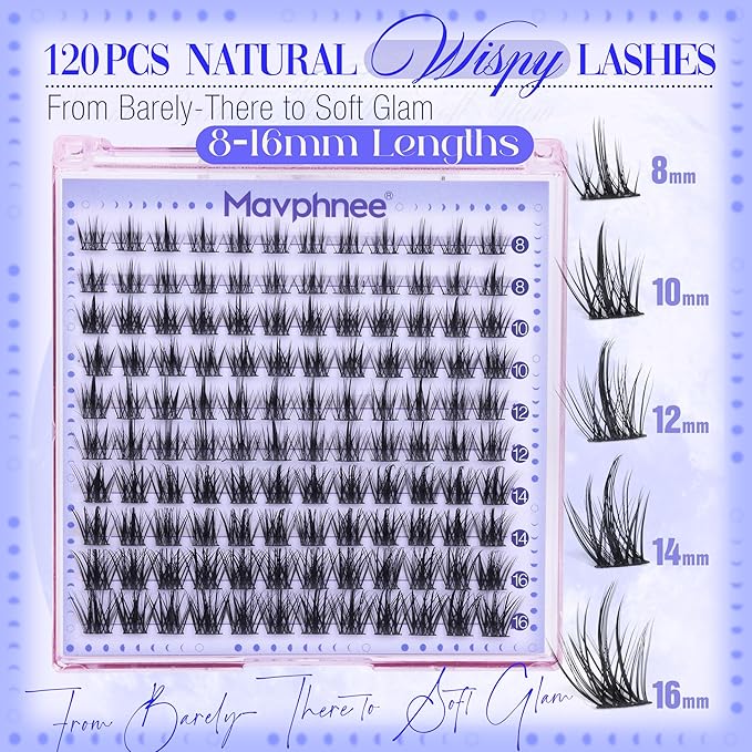Wispy Lash Clusters Natural Looking Eyelash Extensions Fairy Lash Extension Cluster Lashes Individuals DIY Lash at Home 8-16MM C-Curly Whispy Eyelash Cluster Pack 120 Pcs by Mavphnee